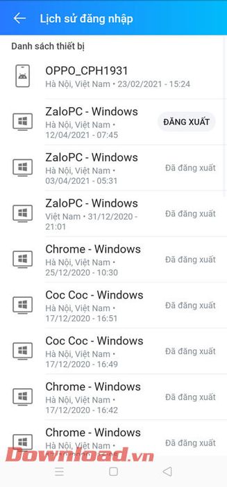Lịch sử đăng nhập Zalo
