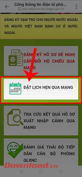 Chạm vào mục Đặt lịch hẹn qua mạng