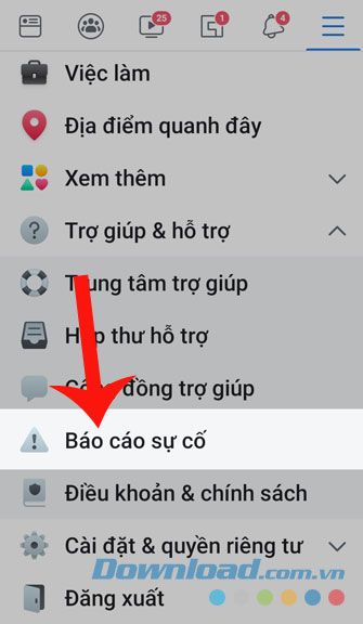 Chọn mục Báo cáo sự cố.