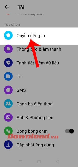 Chạm vào phần Quyền riêng tư
