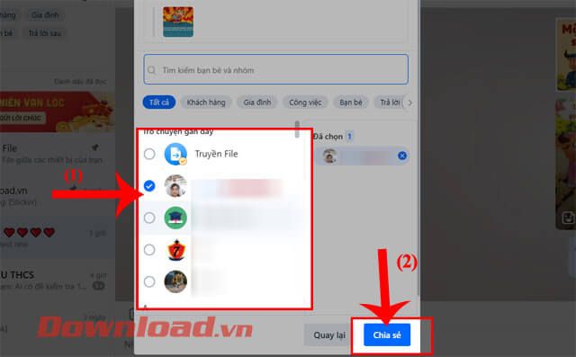 Chọn tài khoản Zalo muốn gửi