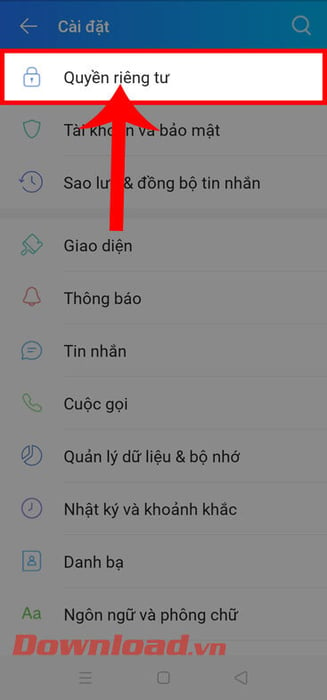 Chạm vào mục Quyền riêng tư