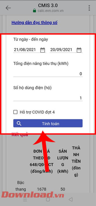 Nhập số điện năng tiêu thụ và nhấn nút Tính toán