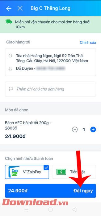 Chọn phương thức thanh toán và nhấn Đặt hàng