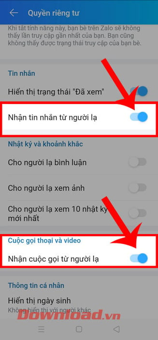Kéo công tắc tại mục 'Nhận tin nhắn từ người không quen' và 'Nhận cuộc gọi từ người không quen'