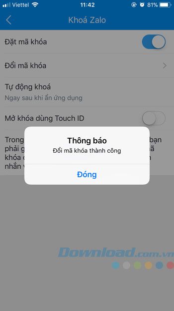 Thay đổi mã bảo mật thành công