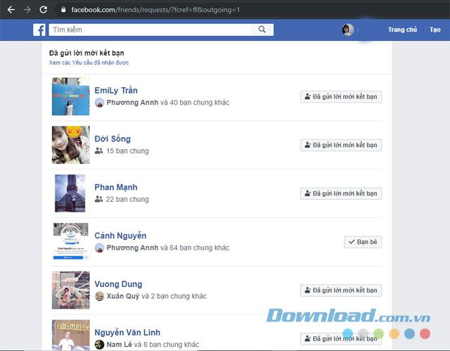 Danh sách các lời mời kết bạn đã gửi trên Facebook