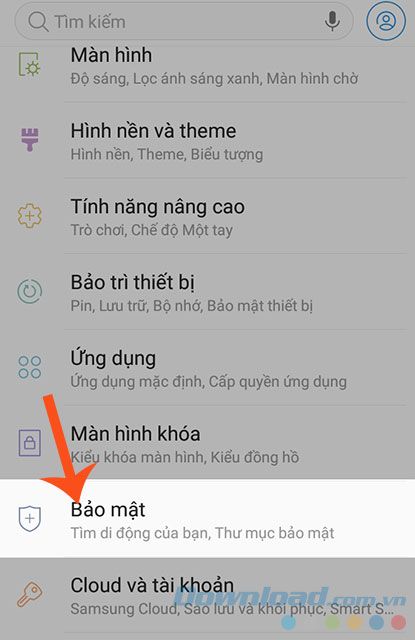 Chọn mục Bảo mật