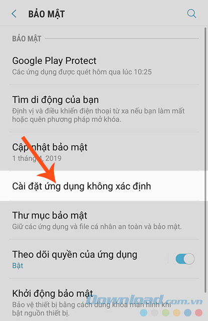 Nhấn vào Cài đặt ứng dụng không xác định