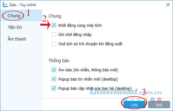 Zalo tự động mở cùng máy tính