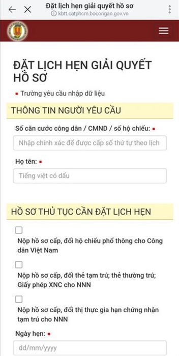 Điền thông tin đặt lịch hẹn nộp hồ sơ làm hộ chiếu