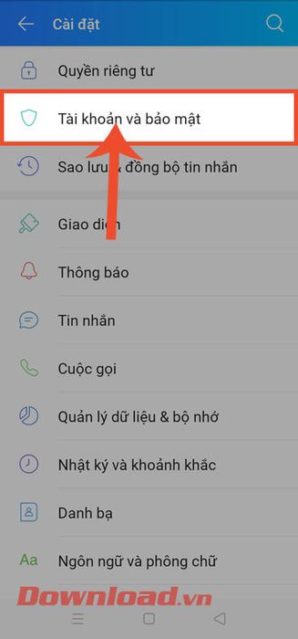 Chạm vào mục Tài khoản và Bảo mật