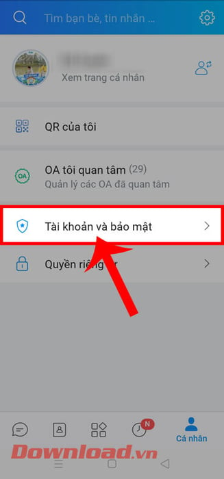 Bấm vào mục Tài khoản và bảo mật