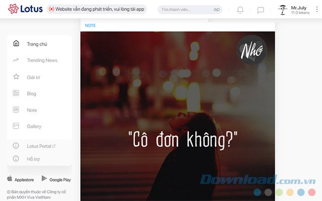 Giao diện chính của Lotus trên trình duyệt web