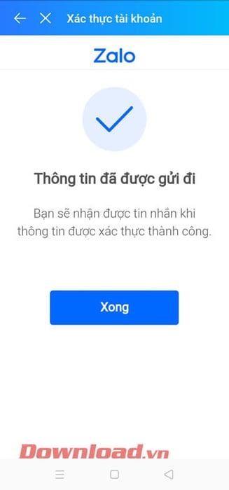 Xác thực tài khoản Zalo thành công