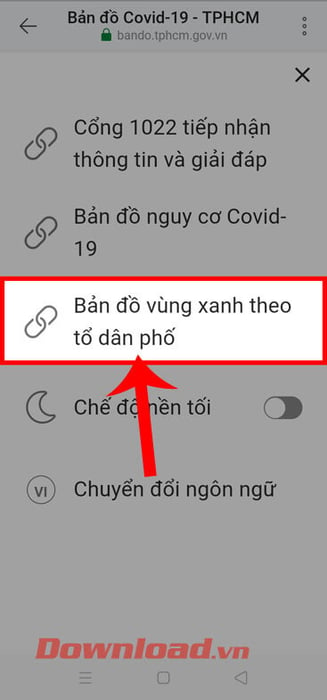 Nhấn vào mục Bản đồ vùng xanh theo tổ dân phố