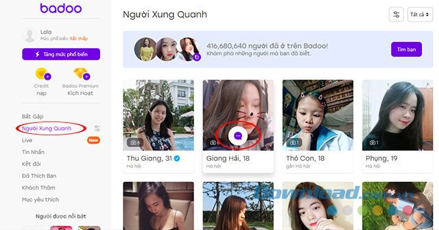 Chọn gửi tin nhắn cho người bạn thích trên Badoo