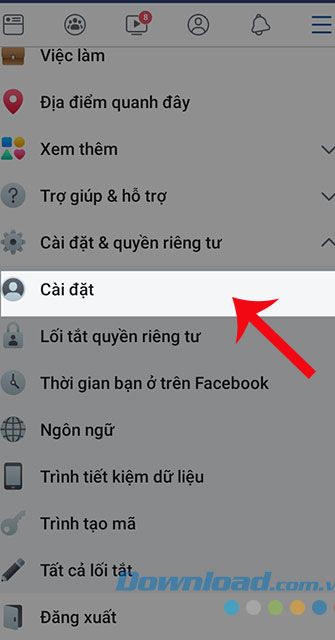 Chọn mục Cài đặt