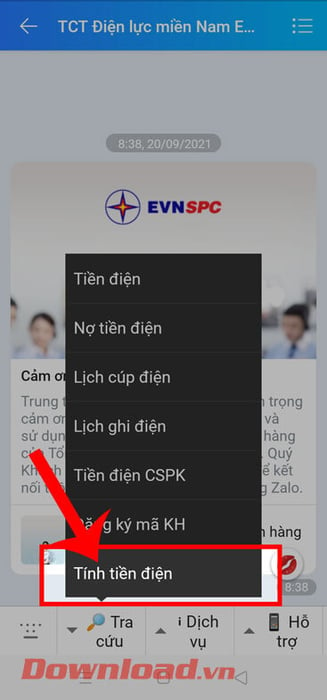 Chọn mục Tính tiền điện