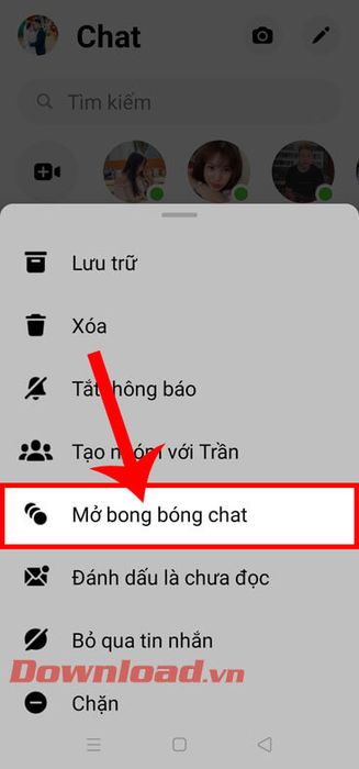 Chọn mục Mở bong bóng chat