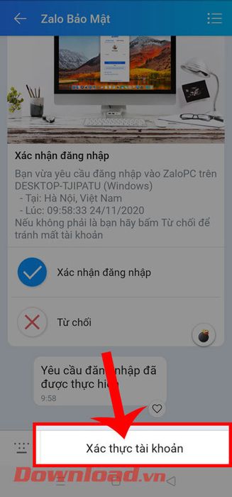 Nhấn vào nút Xác thực tài khoản