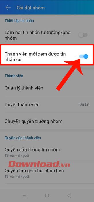 Kéo công tắc ở mục Thành viên mới xem tin nhắn cũ