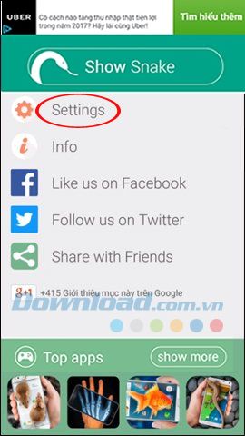 Truy cập cài đặt ứng dụng Snake on Screen