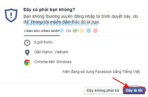 Xác nhận đúng hoặc sai việc đăng nhập vào Facebook