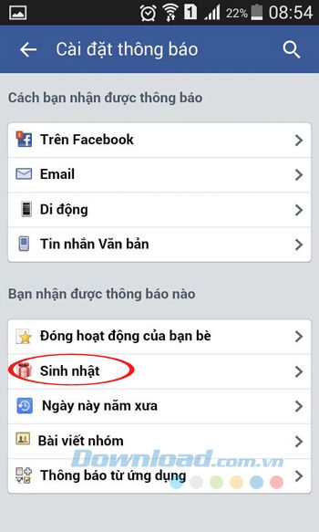 Chọn mục Sinh nhật