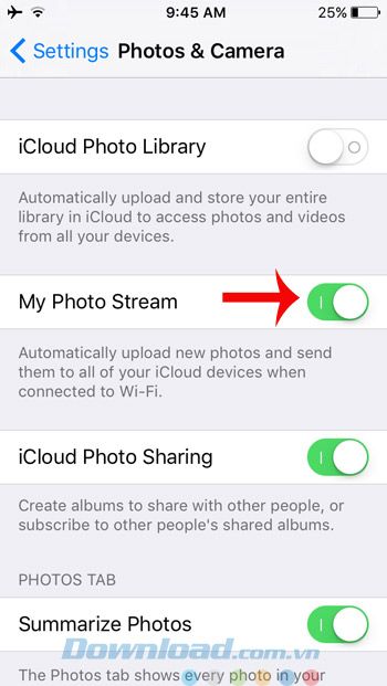 Tắt Photo Stream