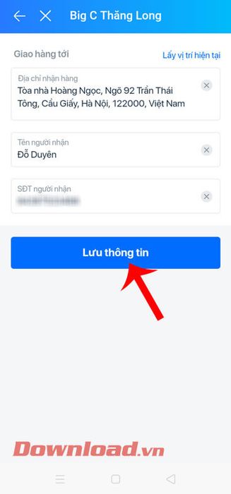 Điền thông tin địa chỉ và bấm Lưu thông tin