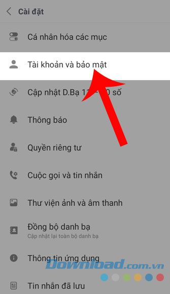 Nhấn vào mục Tài khoản và Bảo mật