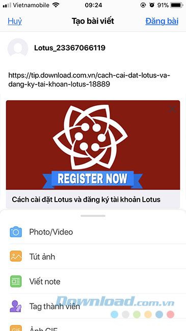 Chia sẻ liên kết trên Lotus