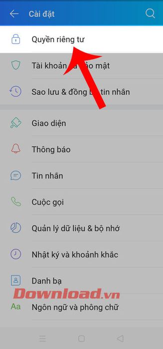 Bấm vào mục Quyền riêng tư