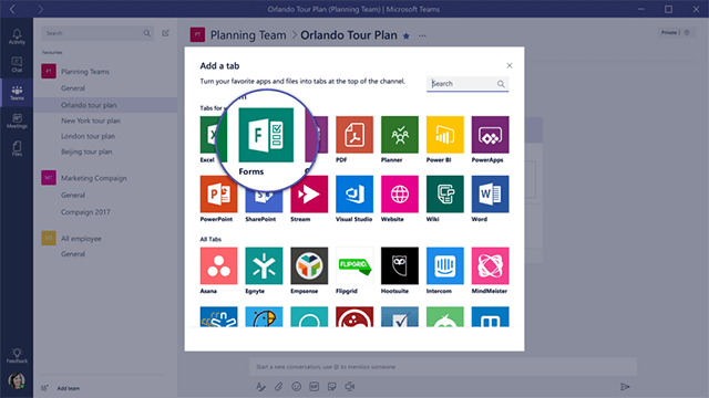 Thêm tab Biểu mẫu trên Microsoft Teams