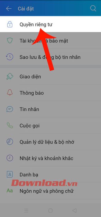 Chọn mục Quyền riêng tư