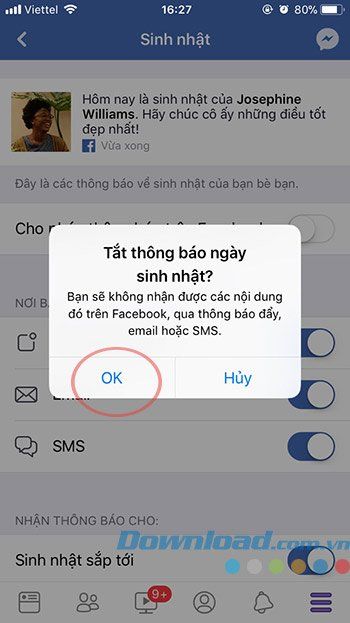 Xác nhận tắt thông báo về sinh nhật