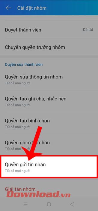 Chạm vào tùy chọn Quyền gửi tin nhắn