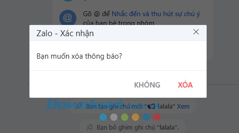 Xác nhận việc xóa ghi chú đã tạo trong nhóm Zalo