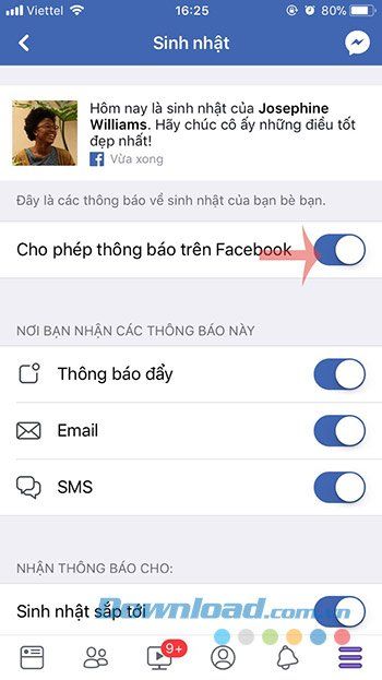 Tắt thông báo về sinh nhật