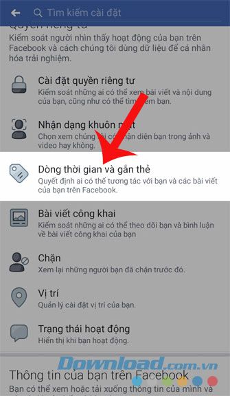 Chạm vào mục Dòng thời gian và gắn thẻ