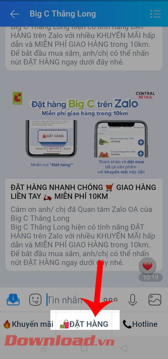 Chọn mục Đặt hàng