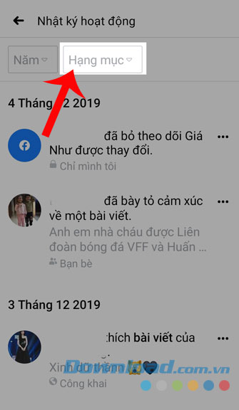 Chạm vào ô Hạng mục