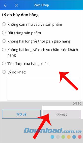 Chọn lý do hủy đơn hàng