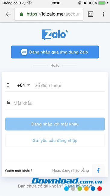 Đăng nhập Zalo qua trang web trên điện thoại