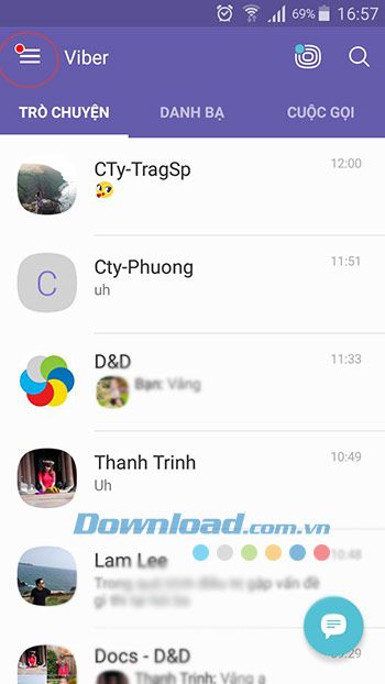 Menu trong ứng dụng Viber