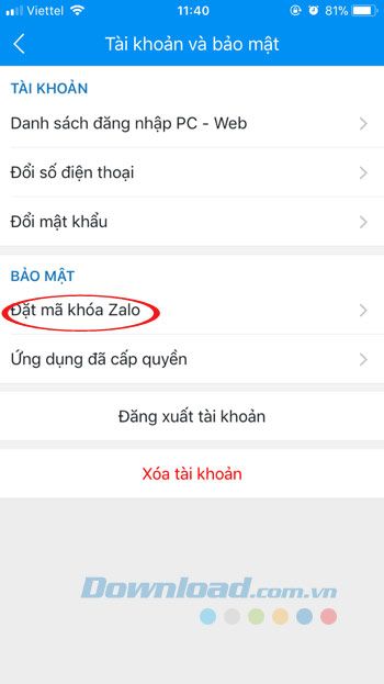 Thiết lập mã khóa Zalo