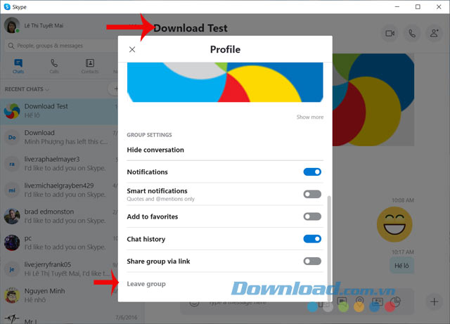 Rời khỏi nhóm trò chuyện Skype