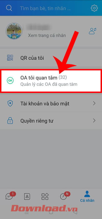 Chọn mục OA tôi quan tâm