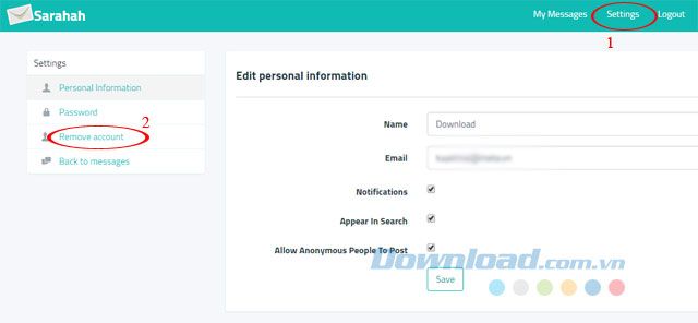 Xóa tài khoản Sarahah